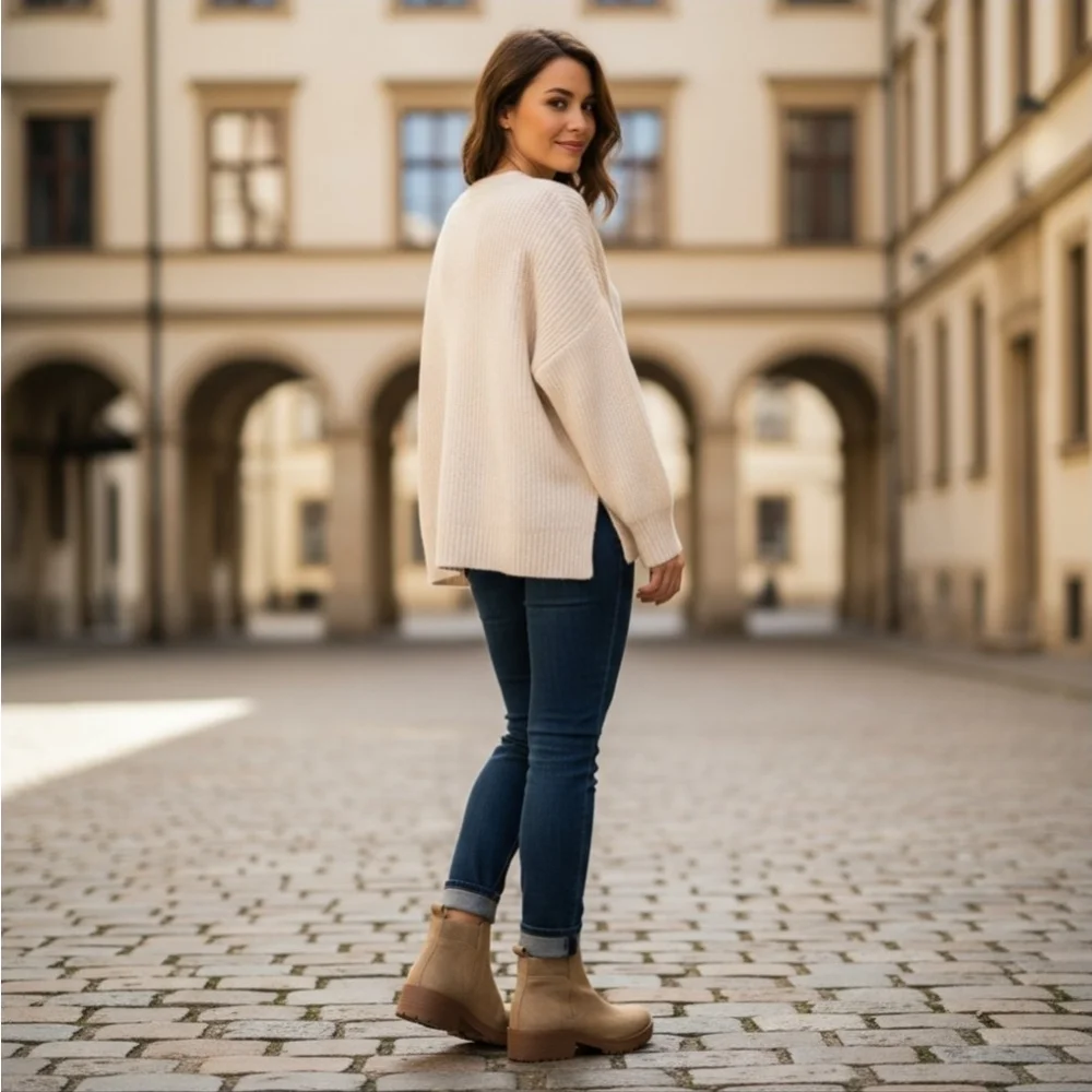 Sun + Stone Faux Microsuede Chelsea Zip On Lug Boots Booties 7.5 M Desert Beige